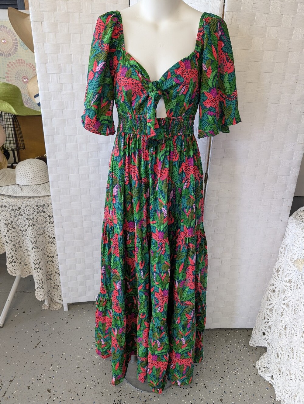 Palms Away Tropical Leaf & Pink Floral Tie-Front Maxi Dress Elastic Waist Sz M